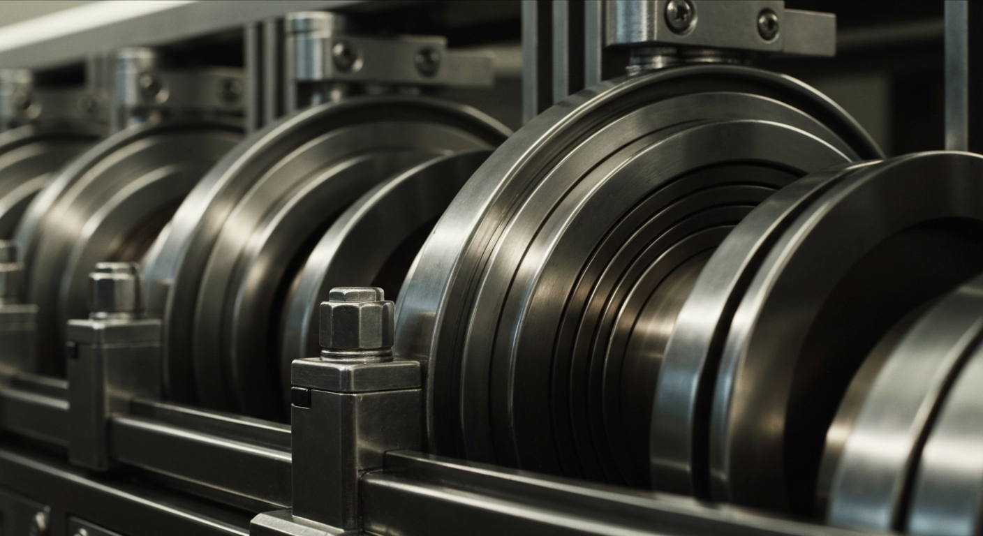 An extreme close-up of gleaming, industrial-grade banking equipment and machinery, conveying a sense of institutional financial security and stability without using literal currency or charts.