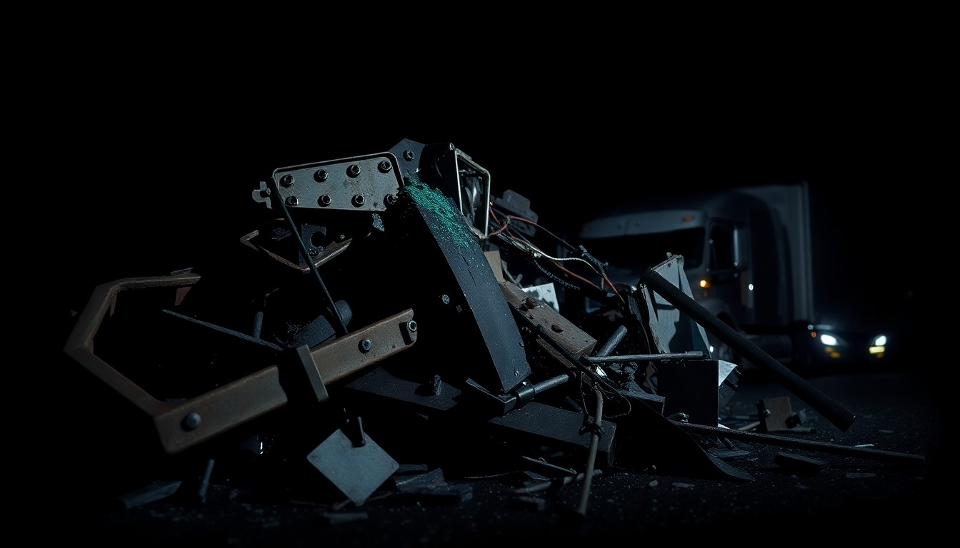 An extreme close-up photograph of twisted metal and broken glass from the tractor-trailer crash, capturing the stark, gritty aftermath of the incident.