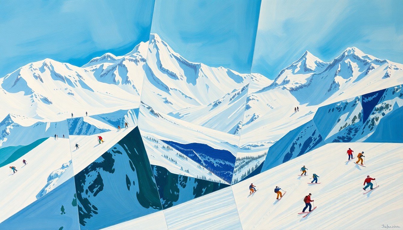 A cubist-style painting depicting a snowy mountain landscape with skiers and snowboarders, broken down into sharp, overlapping geometric shapes in vibrant blues, greens, and whites.