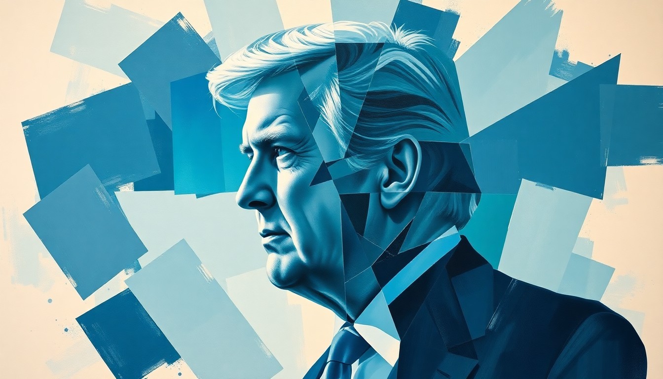 A dynamic, abstract painting of a politician's silhouette in overlapping, geometric waves of cool blues, greys, and greens, conveying a sense of political disruption and shifting allegiances.
