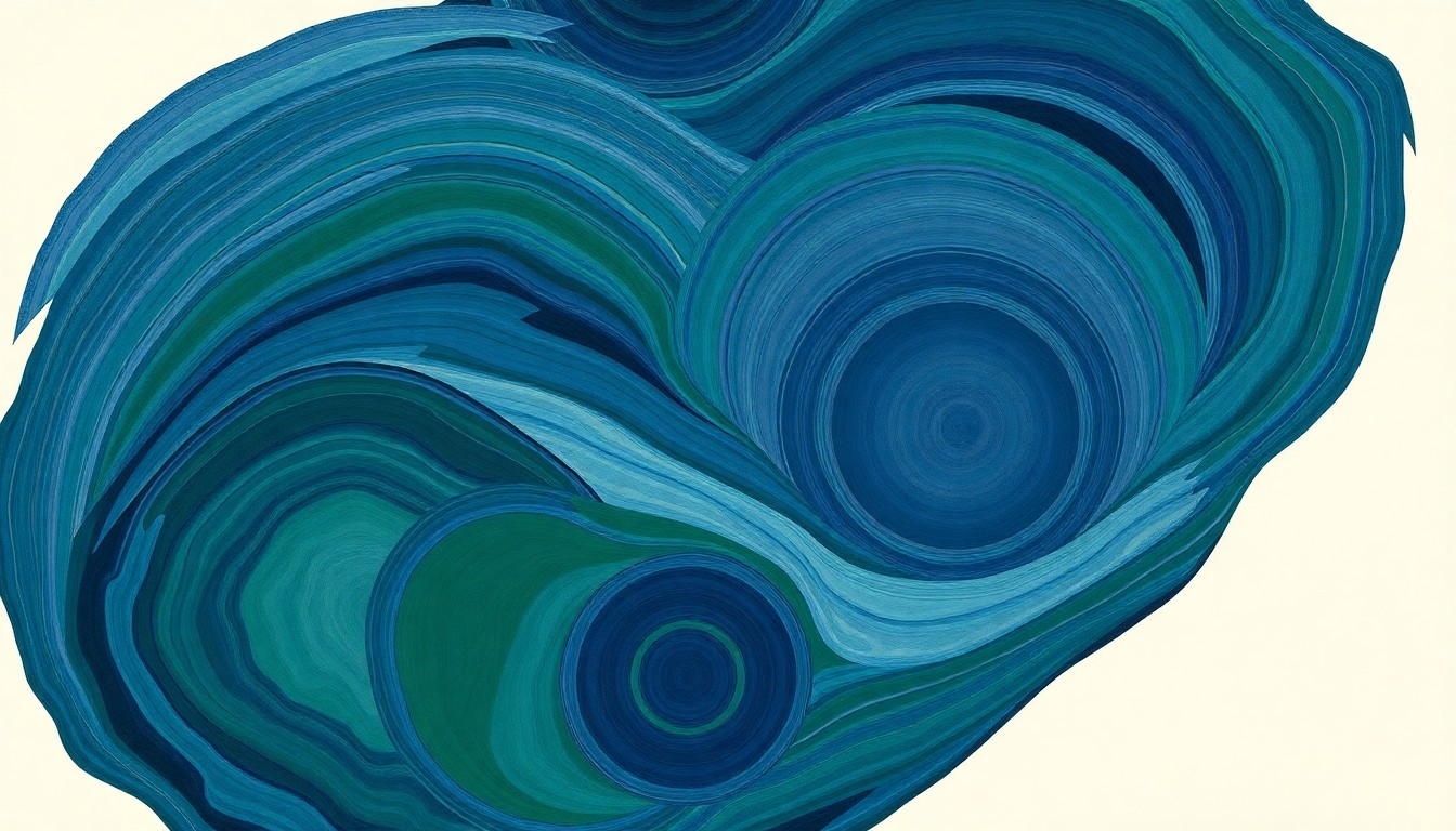 A highly textured, abstract painting in soft shades of blue, green, and purple, featuring sweeping geometric arcs, concentric circles, and precise botanical spirals, conceptually representing the search for exoplanets through advanced technology.