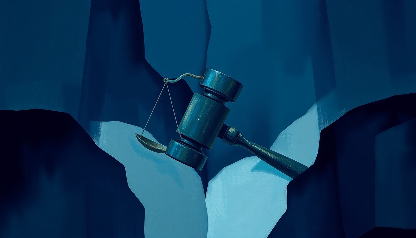 A heavily textured, fragmented painting in shades of blue and gray depicting a stylized gavel or scales of justice, conveying the legal complexities surrounding presidential trade policies.