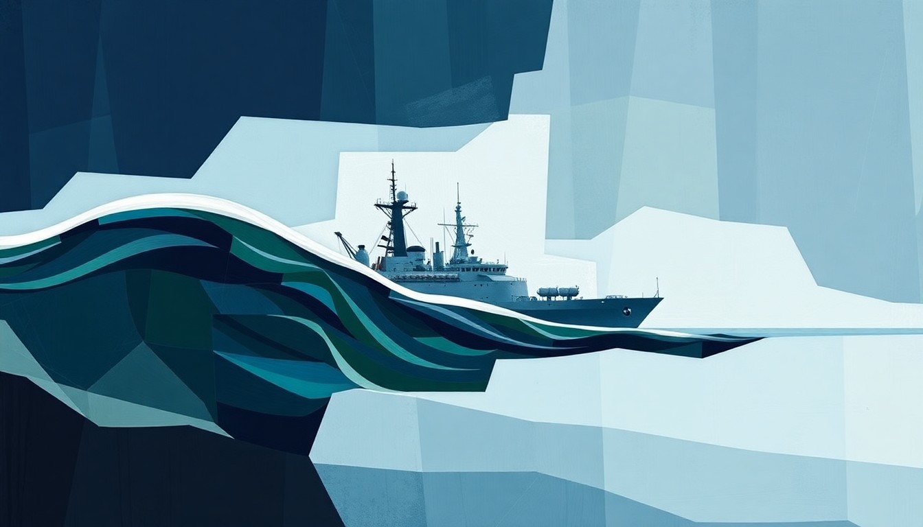 A fractured, abstract painting depicting a naval ship in the Strait of Hormuz, with overlapping geometric shapes and brushstrokes in shades of blue, green, and grey, conveying a sense of motion and tension.