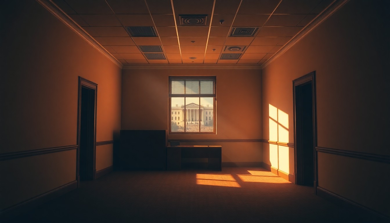 A dimly lit, cinematic painting of an empty government office space, with warm sunlight streaming through the windows and deep shadows casting an air of melancholy and uncertainty.