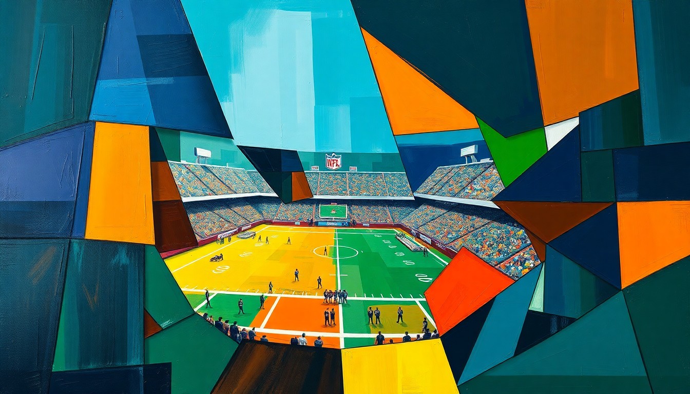 A fractured, multi-perspective painting in bold, contrasting colors depicting various football players and draft prospects, representing the Jaguars' strategic approach to addressing their roster needs in the upcoming draft.