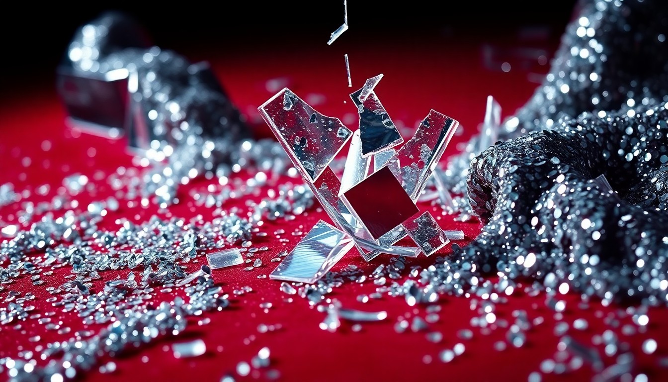 An extreme close-up of shimmering sequins and shattered glass, conceptually representing the glamour and pressures of Hollywood's red carpet culture.