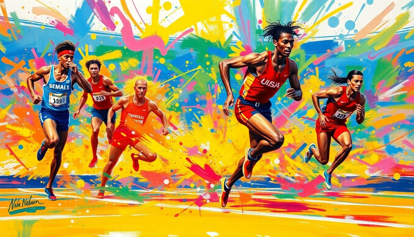An abstract, expressionist painting in neon colors depicting the explosive motion and energy of a track and field event, with figures and details blending into vibrant brushstrokes.