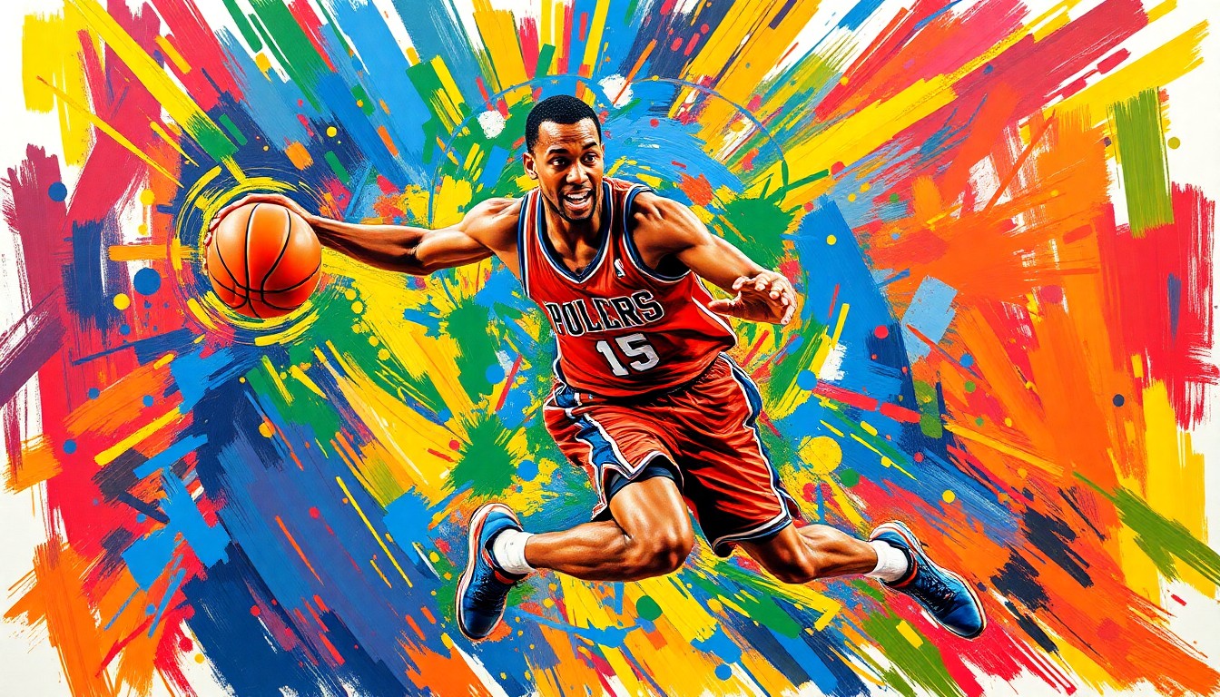 A dynamic, neon-colored painting depicting the fluid movements and energy of a basketball player, capturing the essence of Deron Rippey Jr.'s playing style.