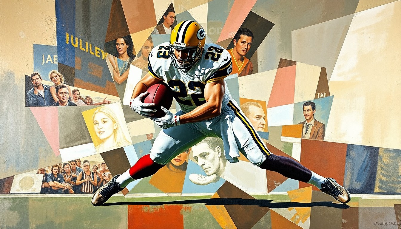 A fragmented, geometric painting depicting a football player in motion, with sharp planes of color and form representing the dynamic action of a linebacker making a tackle.