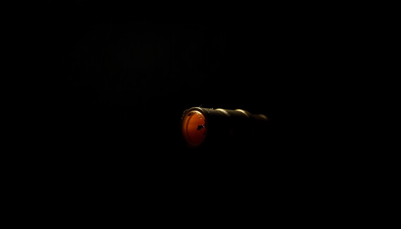 An extreme close-up photograph of a spent shell casing or bullet fragment, its metallic surface and textures dramatically illuminated by a harsh, direct camera flash against a pitch-black background, conceptually representing the gritty, investigative nature of the probe into the alleged shooting incident.