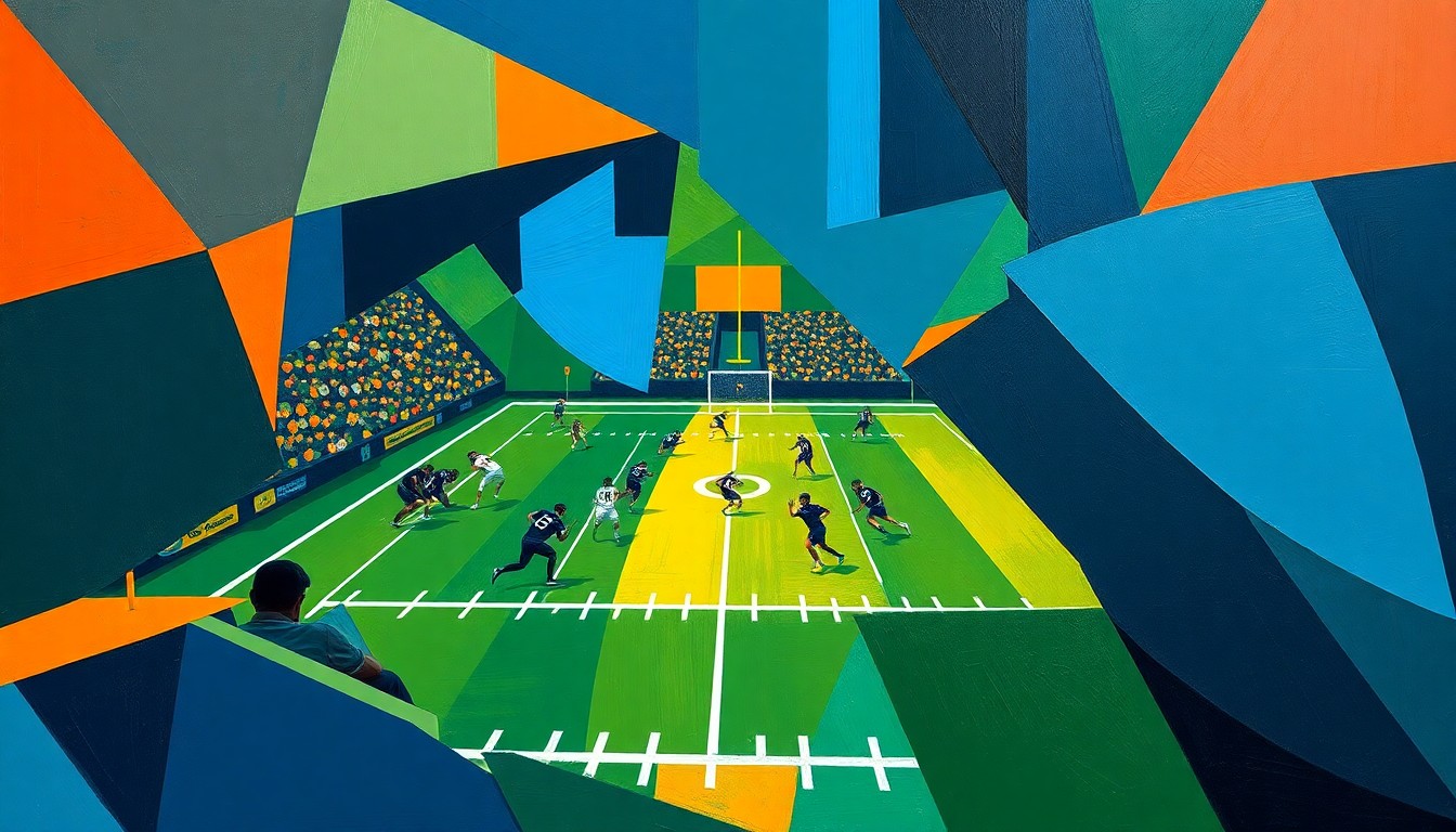 A fractured, cubist-style painting depicting an abstracted football game, with players and the field reduced to sharp, overlapping geometric shapes in a bold color palette, conveying the complex quarterback landscape heading into the 2026 NFL Draft.