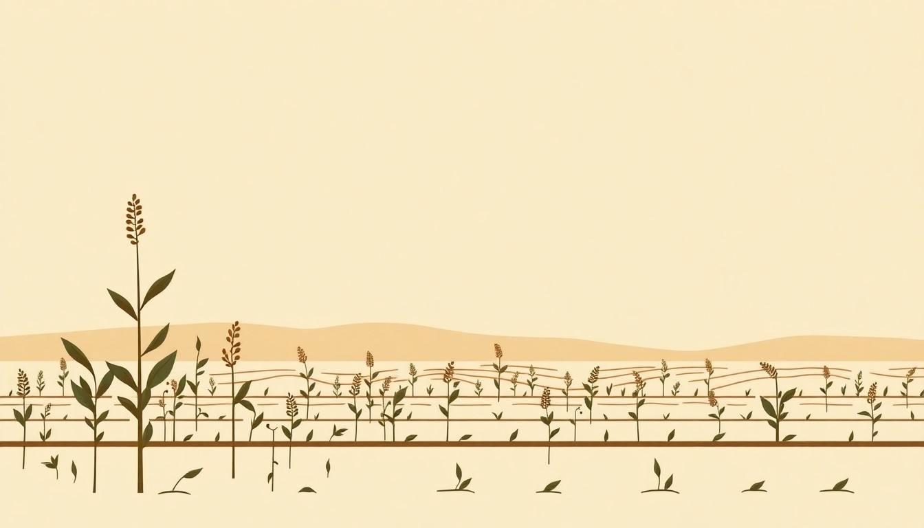 A minimalist composition of overlapping geometric shapes in muted earth tones, conceptually representing the economic challenges facing Midwest soybean farmers.