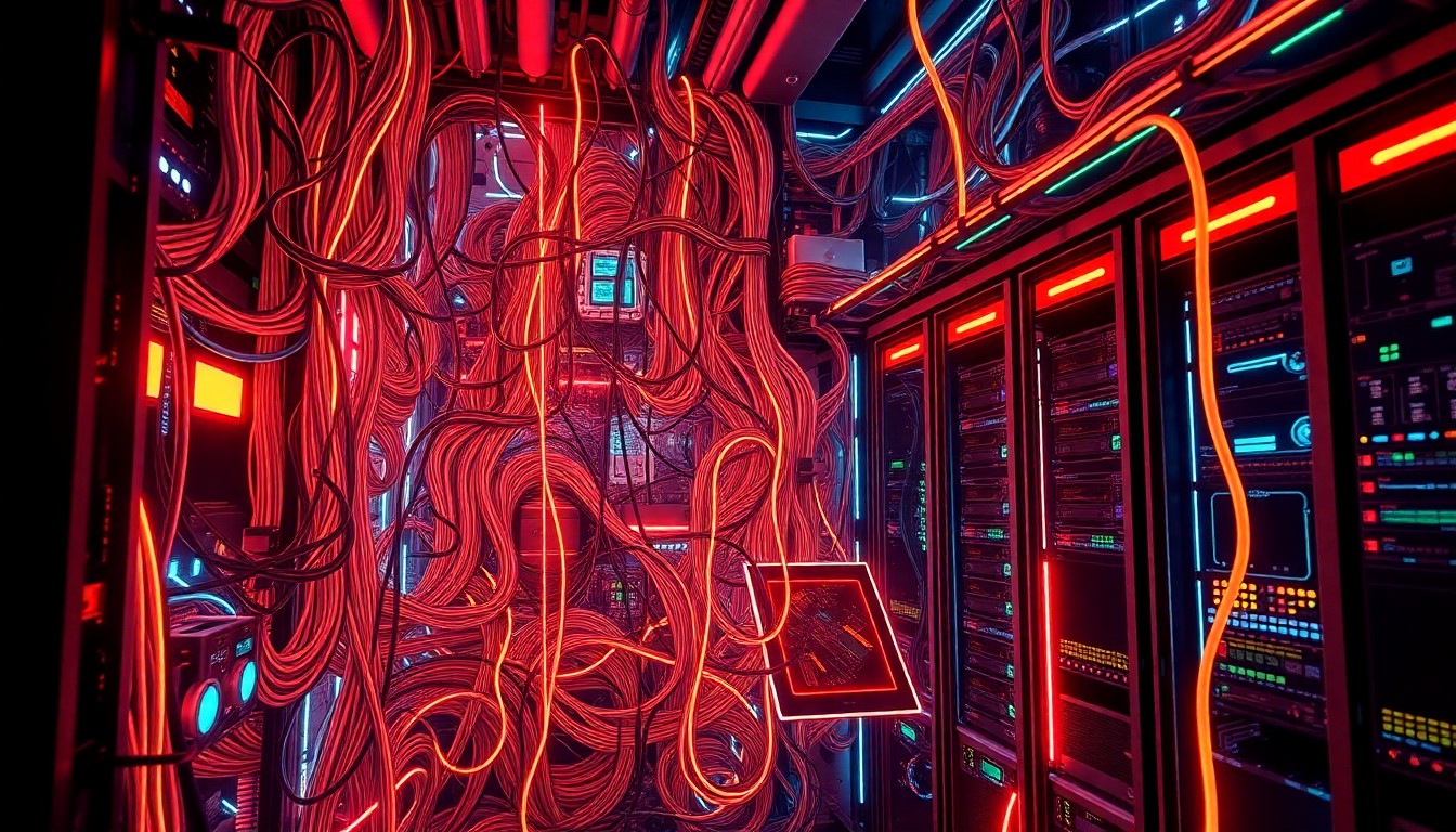 A highly detailed, glowing 3D illustration of a tangled mass of neon-lit circuit boards, cables, and server racks, representing the complex digital infrastructure of a school technology system under attack by a ransomware incident.