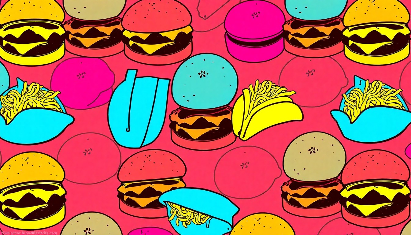 A high-contrast, silkscreen-style illustration of a single, iconic food item repeated in a grid pattern, using a bright, neon color palette to capture the energy and variety of Chamblee's dining options.