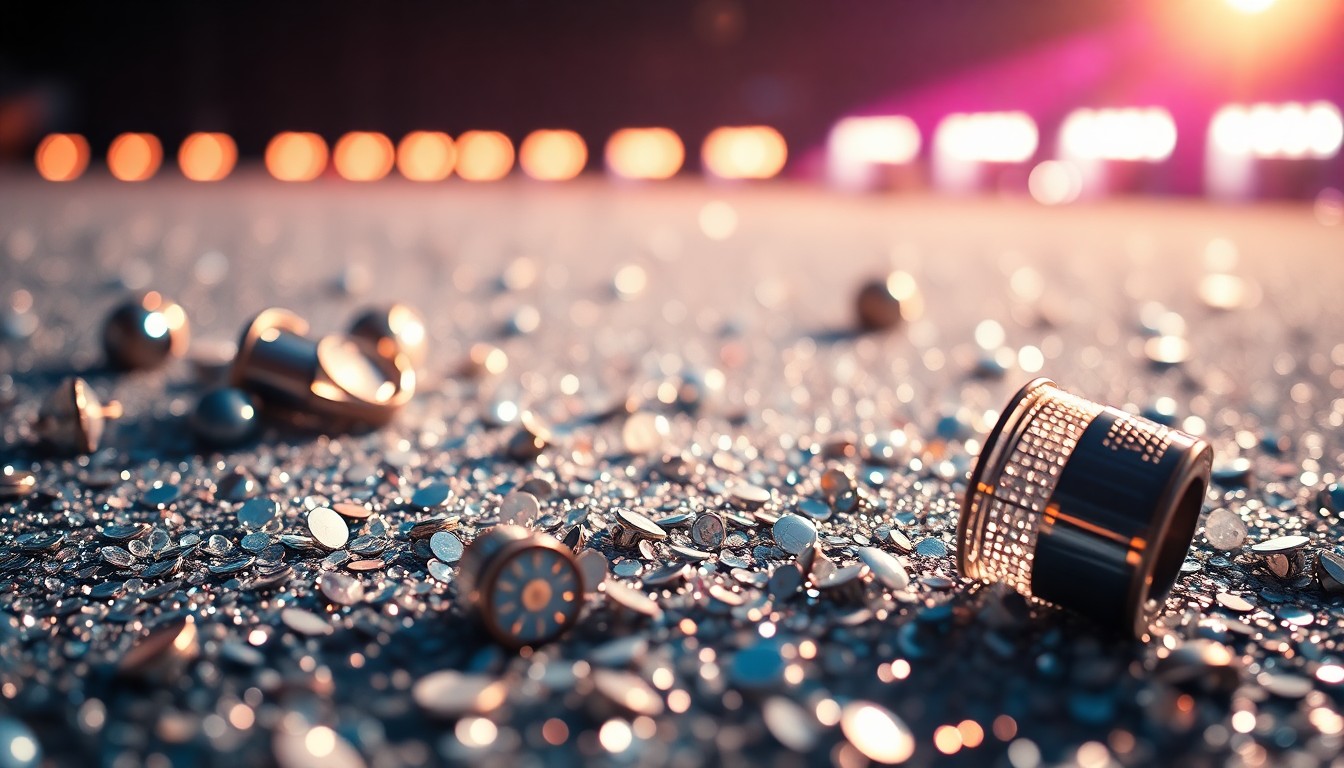 An extreme close-up photograph of glittering sequins and shattered glass, creating a conceptual representation of the diverse musical performances and celebratory atmosphere of the final day of Coachella 2026.