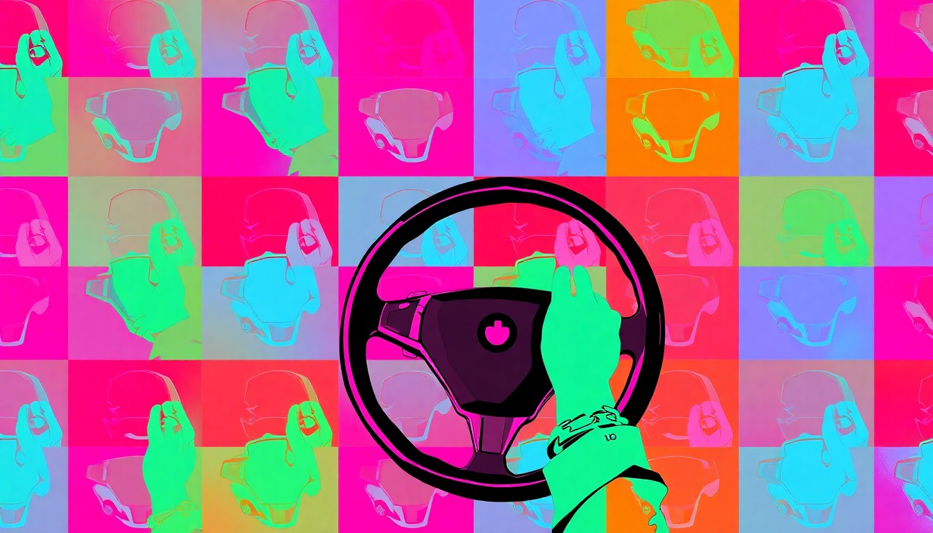 A brightly colored, high-contrast silkscreen print of a smartphone repeated in a tight grid pattern, conceptually representing the dangers of distracted driving and the need for greater driver focus.