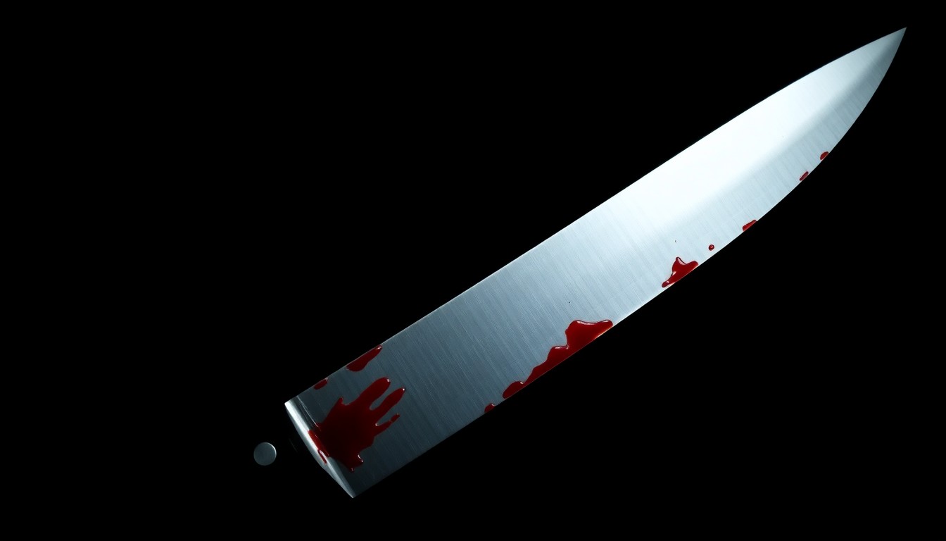 An extreme close-up of a single bloody knife blade, captured in stark contrast against a pitch-black background using harsh, direct flash photography to create a gritty, investigative aesthetic.