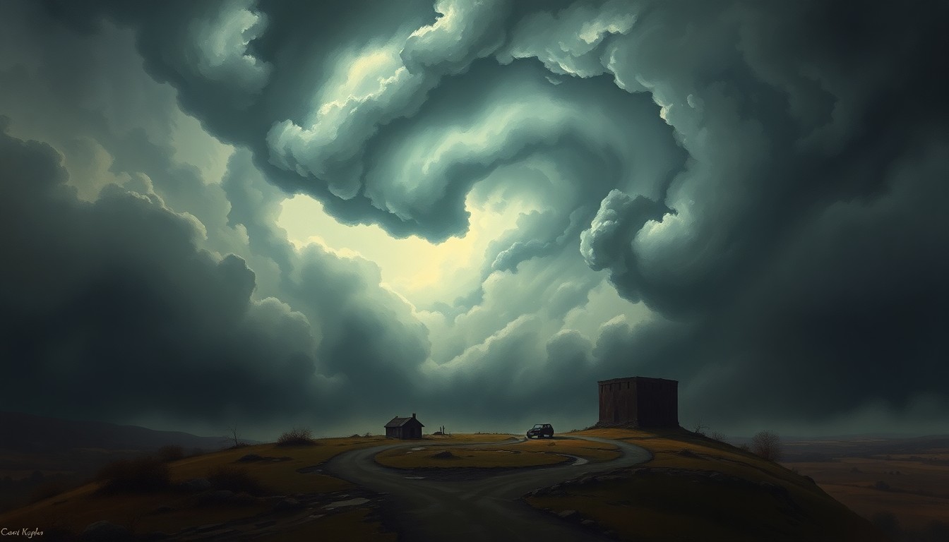 A vast, atmospheric landscape painting in muted tones of grey, blue, and gold, with a massive, swirling storm system dominating the frame and dwarfing the small buildings and vehicles below, conveying the sublime power of nature.