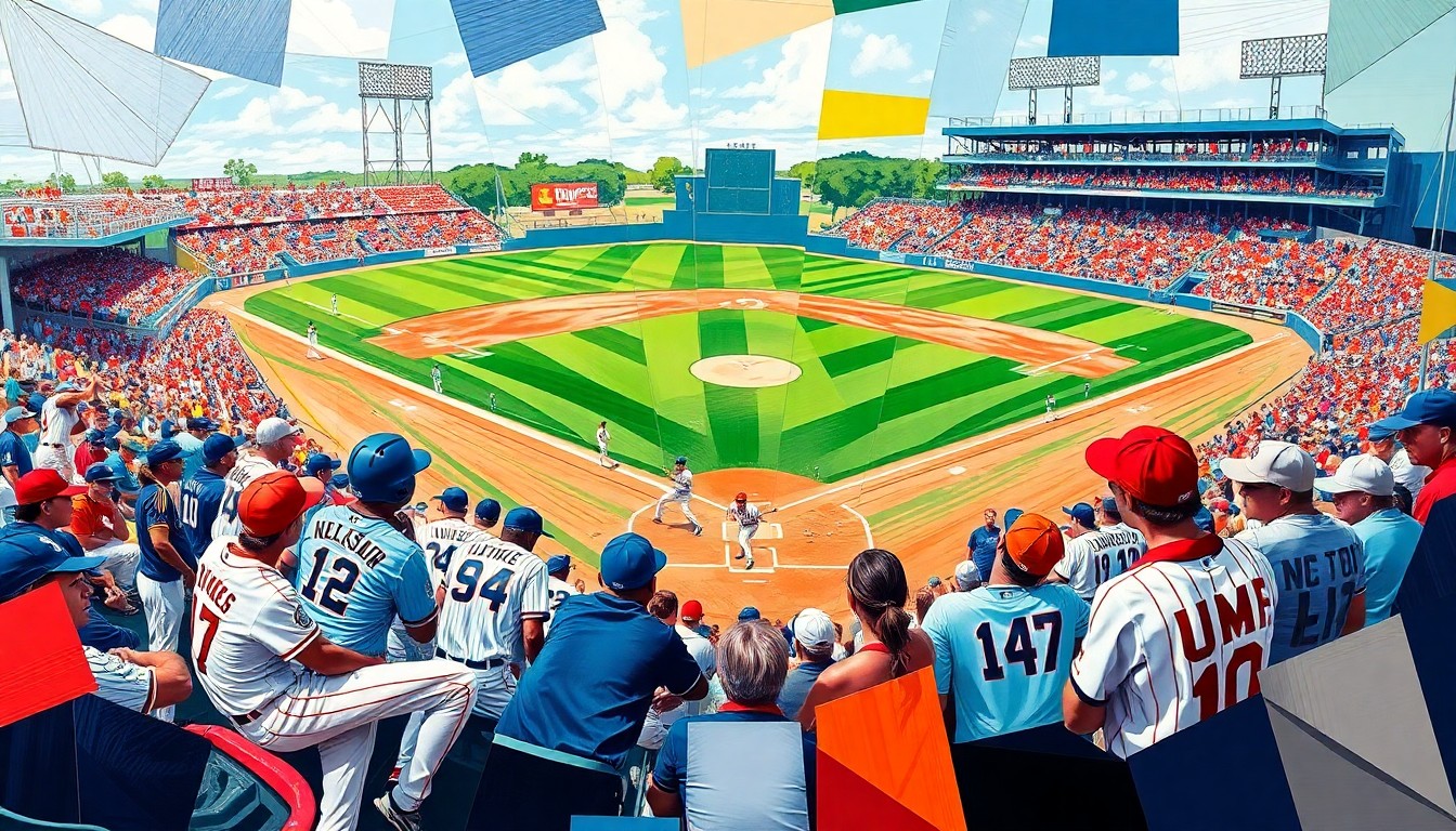 A cubist, geometric painting depicting a college baseball game, with sharp, overlapping planes of color representing the players, field, and action on the diamond.