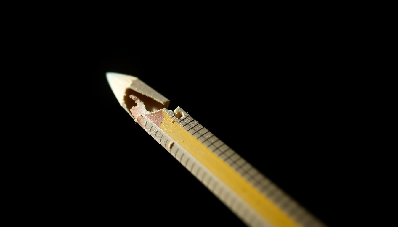 An extreme close-up photograph of a broken pencil or ruler, with harsh shadows and stark lighting, conceptually representing the aftermath of a troubling classroom incident.