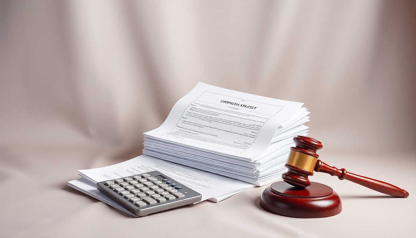 A high-end, photorealistic studio still-life photograph featuring a stack of financial documents, a calculator, and a gavel on a clean, monochromatic seamless background, conceptually representing the legal and financial implications of the ADMA Biologics investigation.