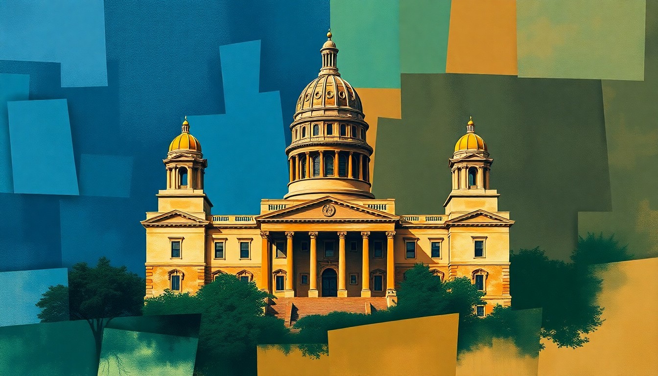 A vibrant, abstract painting featuring overlapping, geometric shapes in shades of blue, green, and orange, conveying a sense of motion and tension around the protection of government institutions.