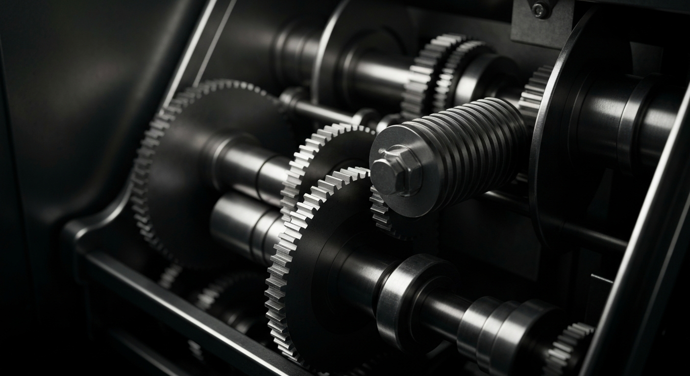 An extreme close-up of the complex inner workings of an industrial payroll processing machine, with gears, levers, and sensors rendered in dramatic shadows and highlights to convey the secure, reliable technology powering human capital management solutions.