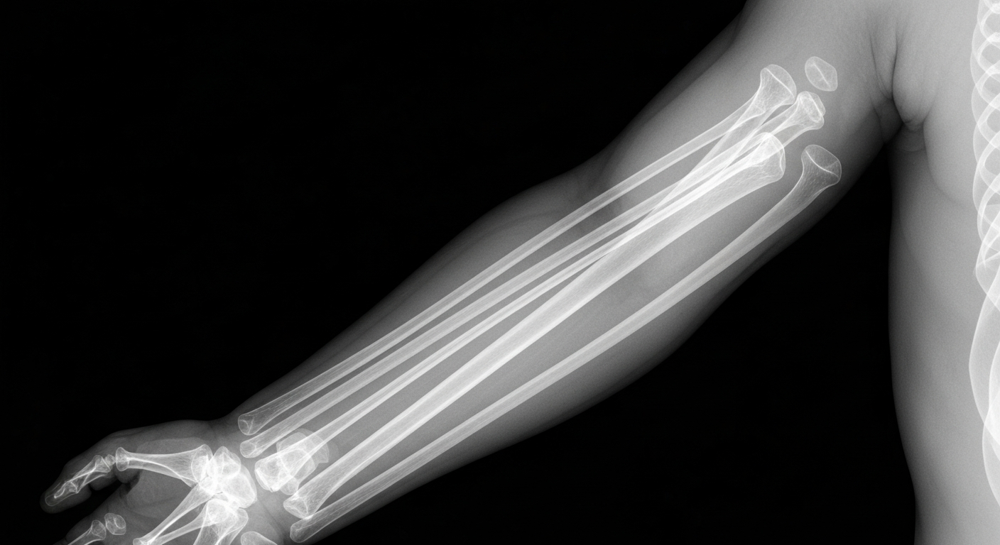 An extreme close-up X-ray image revealing the intricate internal structures of a child's arm, conceptually representing the new treatment for chronic skin inflammation.