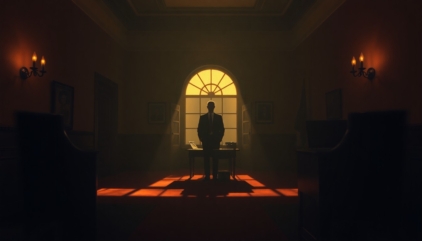 A dimly lit government office with a single figure seated at a desk, the room bathed in warm, diagonal sunlight and deep shadows, conveying a sense of solitude and contemplation.
