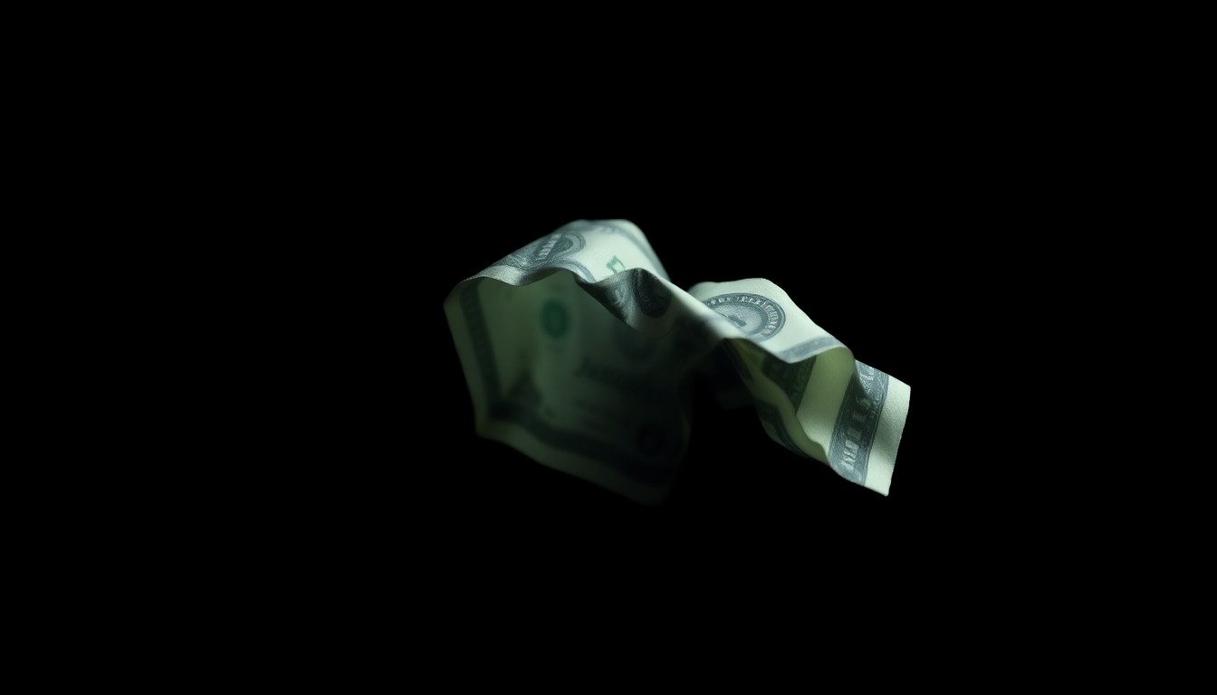 An extreme close-up photograph of a crumpled dollar bill against a pitch-black background, lit by a harsh, direct camera flash to create a stark, gritty, investigative aesthetic around the theme of financial crime.