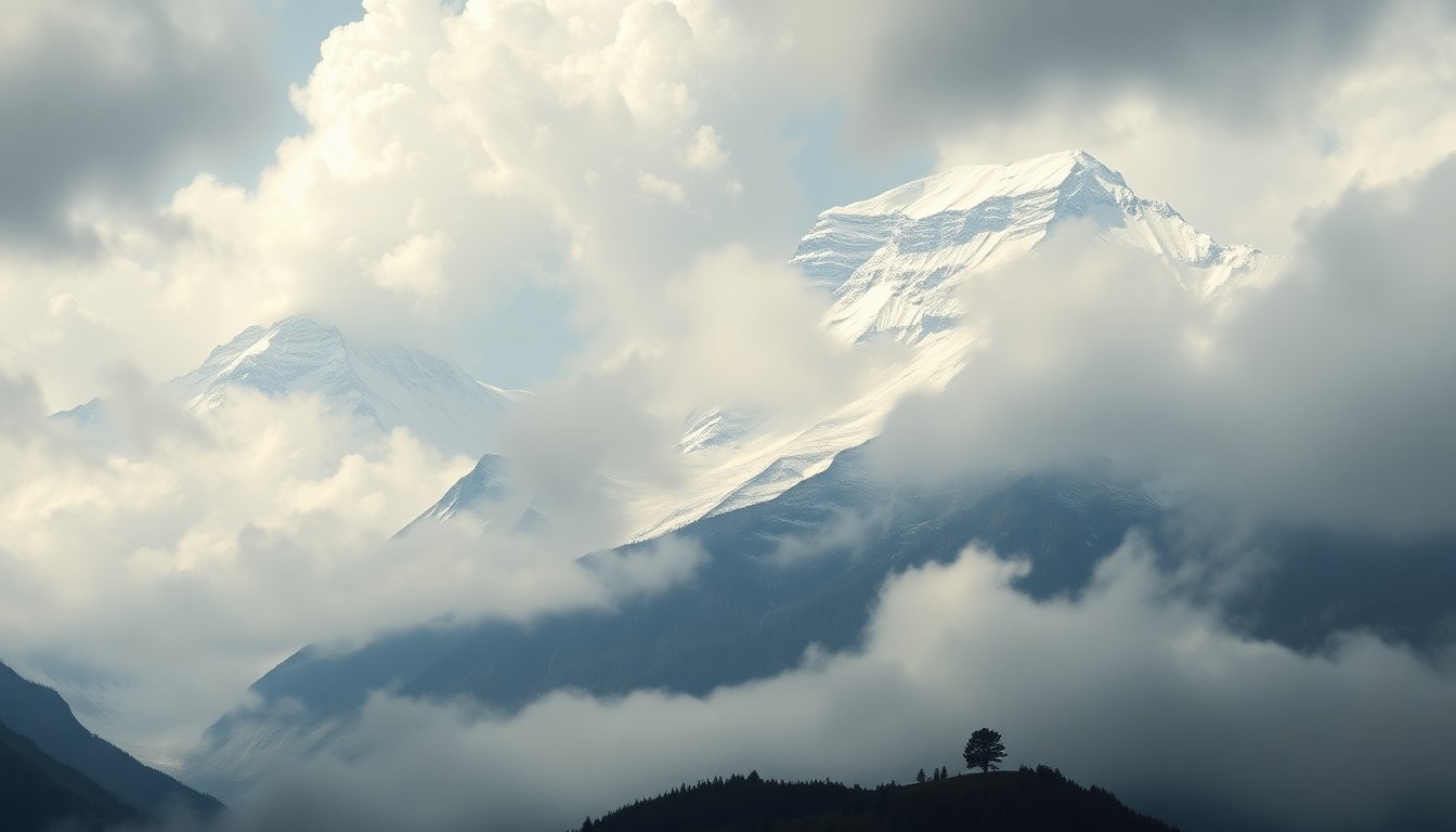 A vast, atmospheric landscape painting in muted tones of gray, blue, and white, depicting a snow-capped mountain range partially obscured by heavy clouds and mist, with a lone tree or structure barely visible in the foreground, conveying the overwhelming scale and power of the natural world.