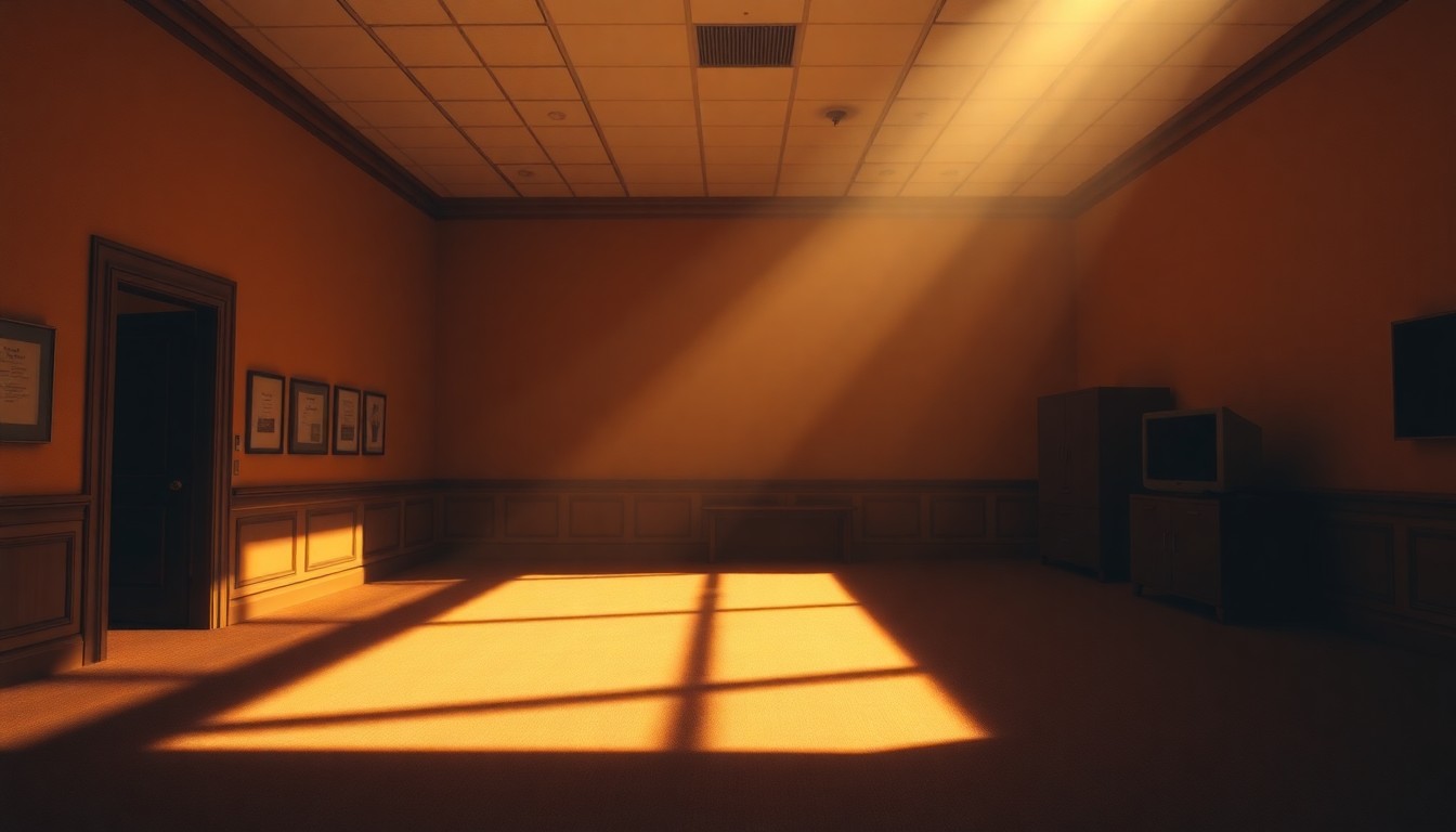 A dimly lit, cinematic government office space with a lone desk and chair, the room bathed in warm, diagonal sunlight that casts deep shadows, conveying a sense of political tension and unease.