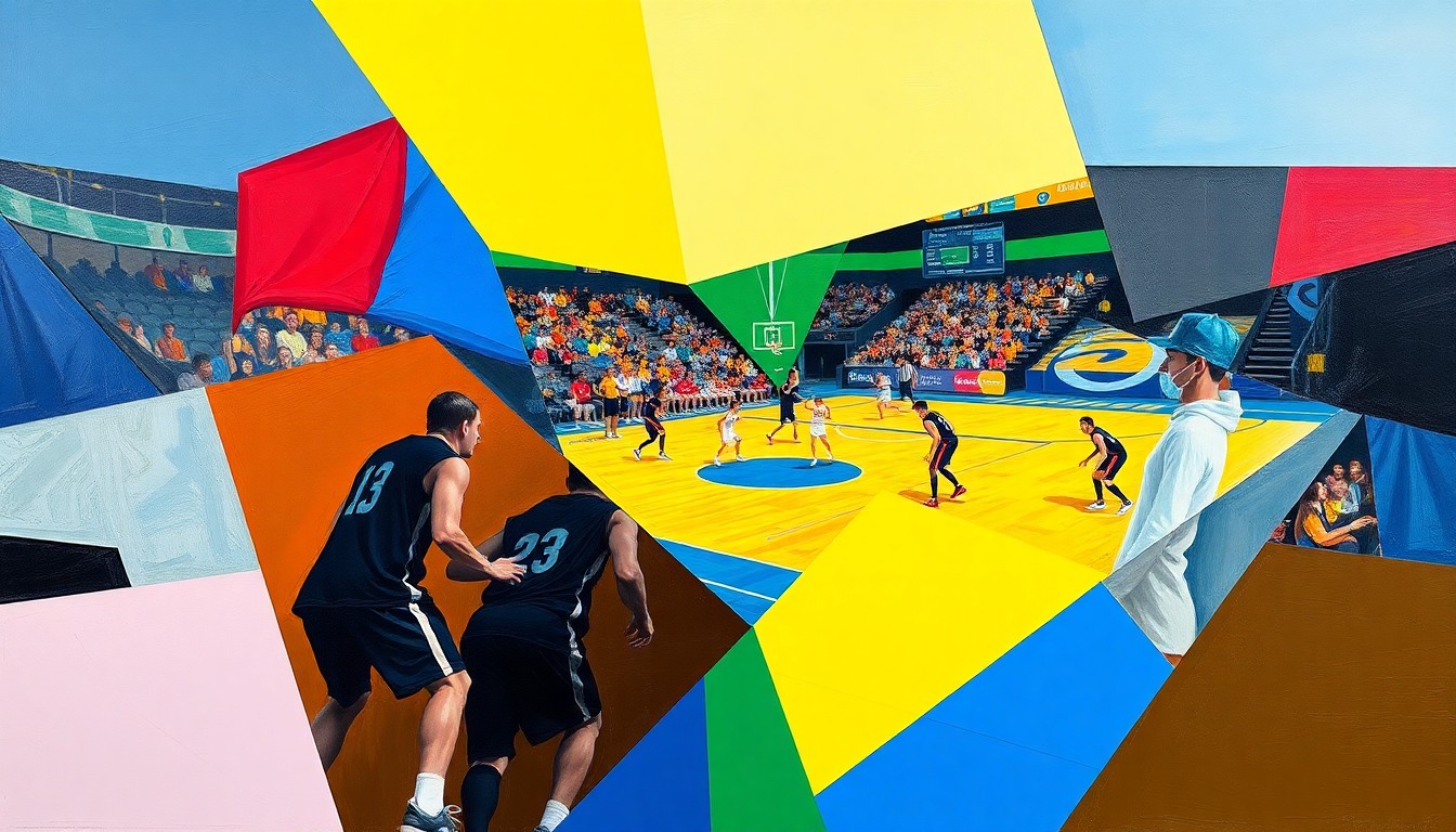 A fragmented, geometric painting depicting an abstract high school sports scene, with sharp planes of color representing the official team colors of the local schools involved.