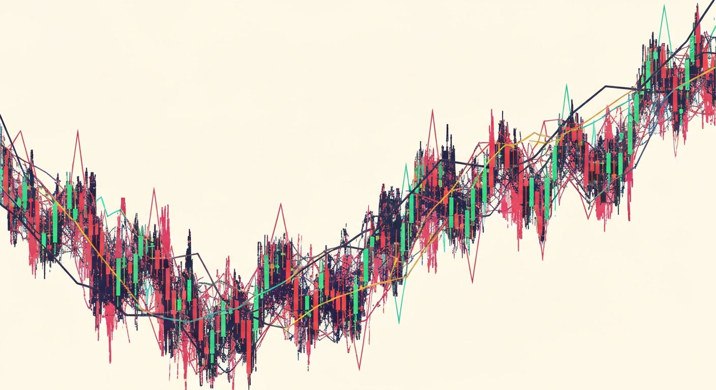 A conceptual illustration representing the current state of the US stock market, with a focus on the volatility and uncertainty. The image features abstract shapes and forms in a muted color palette, conveying a sense of instability and unpredictability.