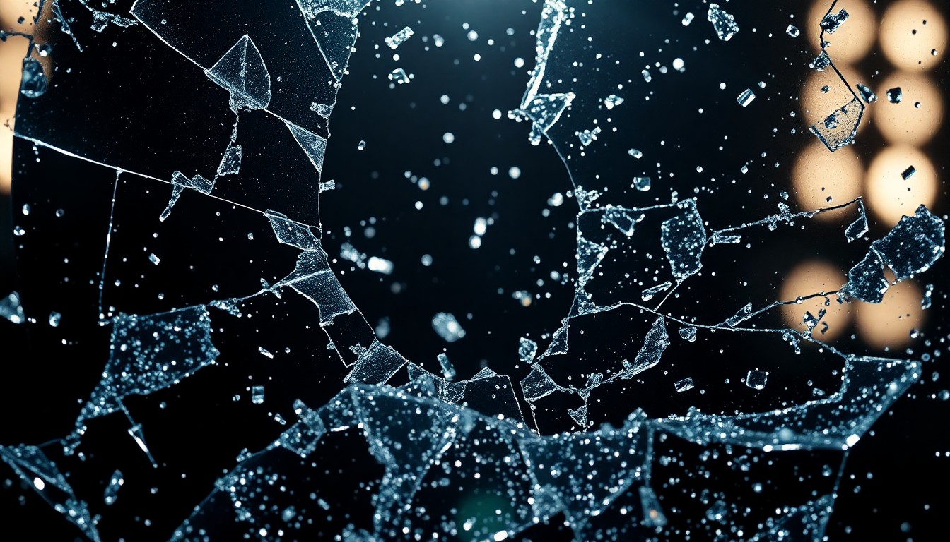 An abstract close-up image of shattered glass and glittering sequins, captured in dramatic high-contrast lighting to convey the glamour and intensity of the medical TV show 'The Pitt'.