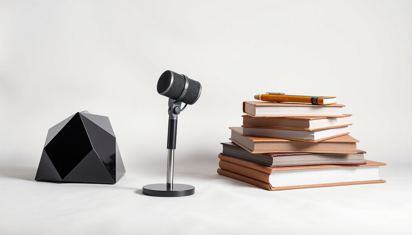 A high-end, photorealistic studio still-life photograph featuring a polished, geometric desk organizer, a vintage microphone, and a stack of notebooks in muted earth tones, conceptually representing the multifaceted career of communications professional Judi Currie.