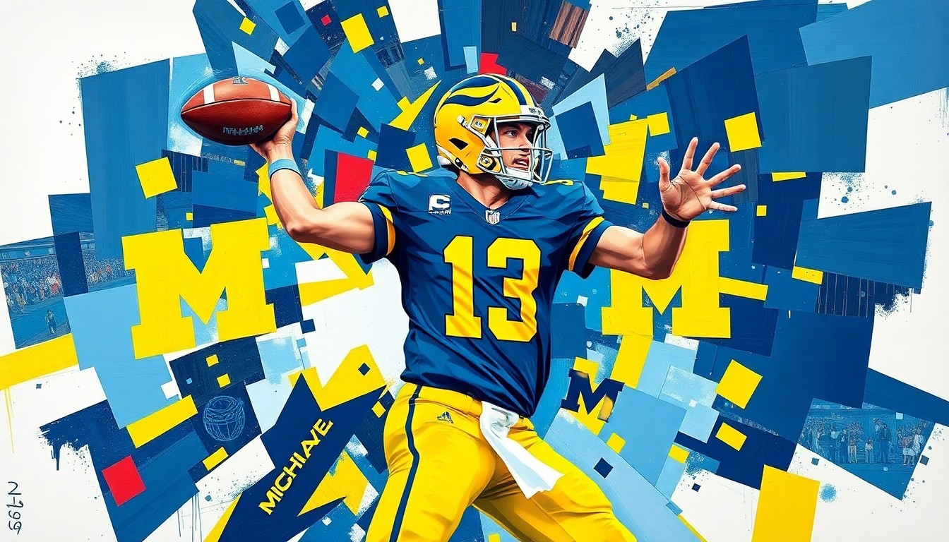 A fragmented, geometric painting in shades of blue and yellow depicting the motion of a college football quarterback's throwing motion, conveying the dynamic and uncertain nature of Michigan's quarterback situation.