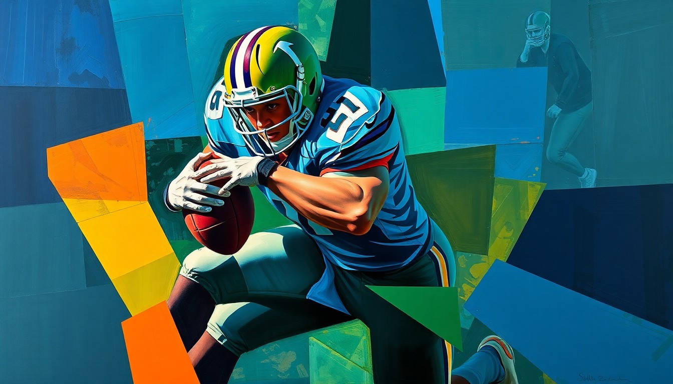 A fragmented, geometric painting depicting the forceful motion of a linebacker making a tackle, with sharp planes of deep blue, forest green, and burnt orange colors creating a dynamic, multi-angled visual representation of the play.