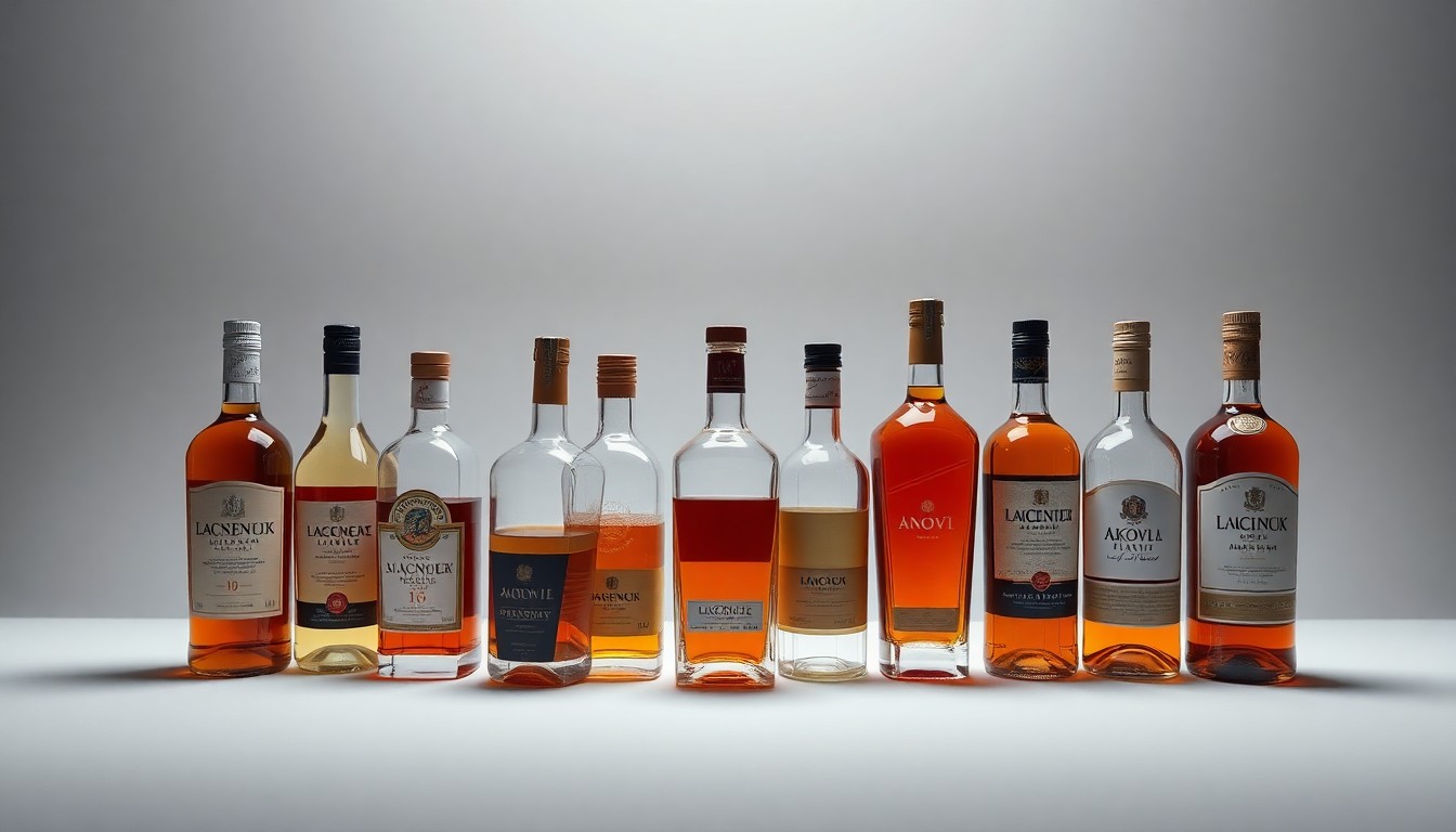 A photorealistic studio still-life photograph featuring a collection of premium liquor bottles arranged elegantly on a clean, monochromatic background, conceptually representing Novi's status as a liquor-buying powerhouse.