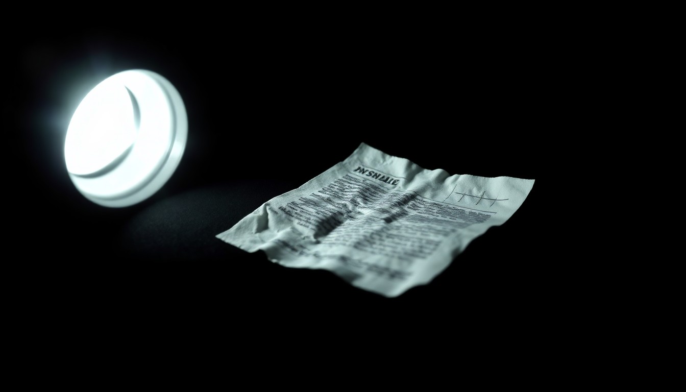 An extreme close-up photograph of a crumpled document or broken electronic device, lit by a harsh flash against a pitch-black background, conceptually representing the evidence and investigation surrounding the failed lie detector test.