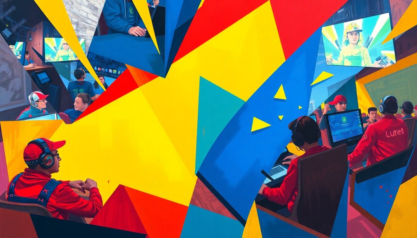 A fractured, multi-perspective painting in a cubist style, breaking down a competitive esports gaming scene into sharp, overlapping geometric planes of vibrant red, blue, and yellow, capturing the intensity and energy of the competition.