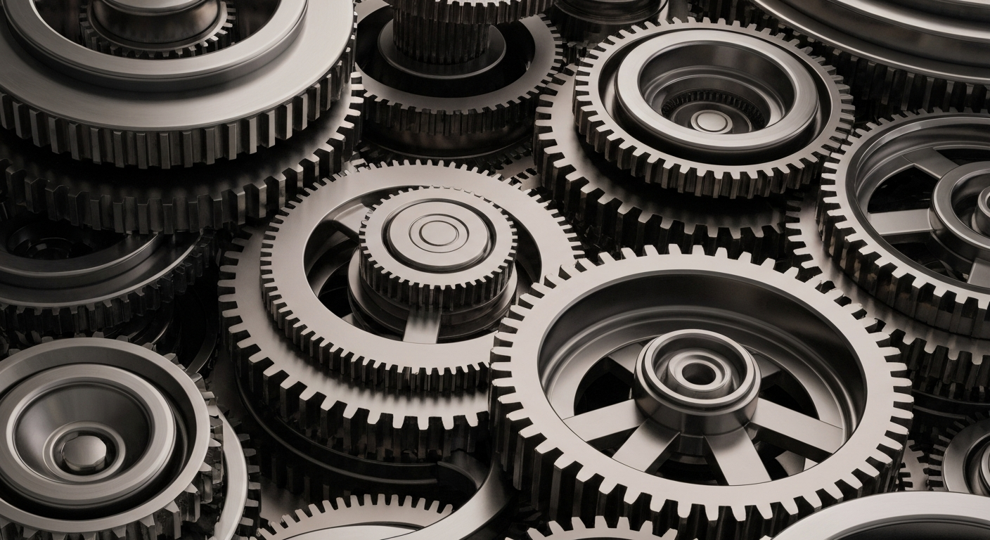 An extreme close-up of intricately engineered metal gears and machinery, conveying the complex financial infrastructure supporting the biotech industry's innovative drug development.