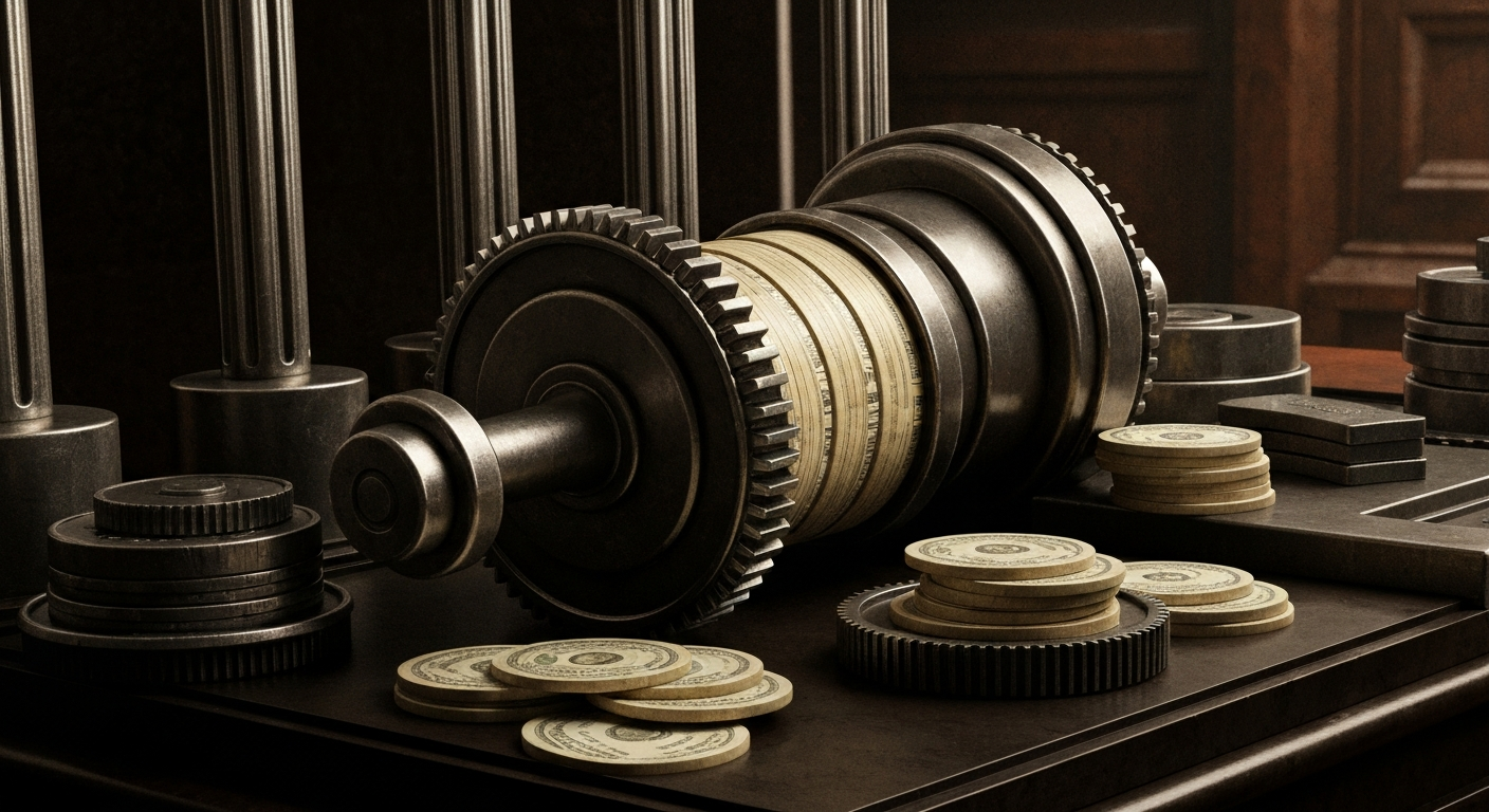 An extreme close-up of intricate financial machinery and equipment, conveying a sense of institutional power and wealth without using literal currency or charts.