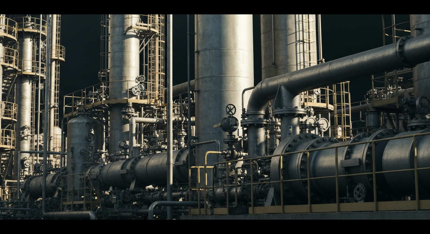 A high-contrast, close-up image of industrial machinery and equipment used in chemical production, conveying the tangible, physical nature of LyondellBasell's business operations.