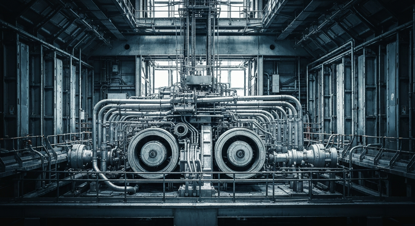 A highly detailed, black-and-white close-up image of industrial machinery and gears, conceptually representing the complex financial infrastructure that supports major corporations.
