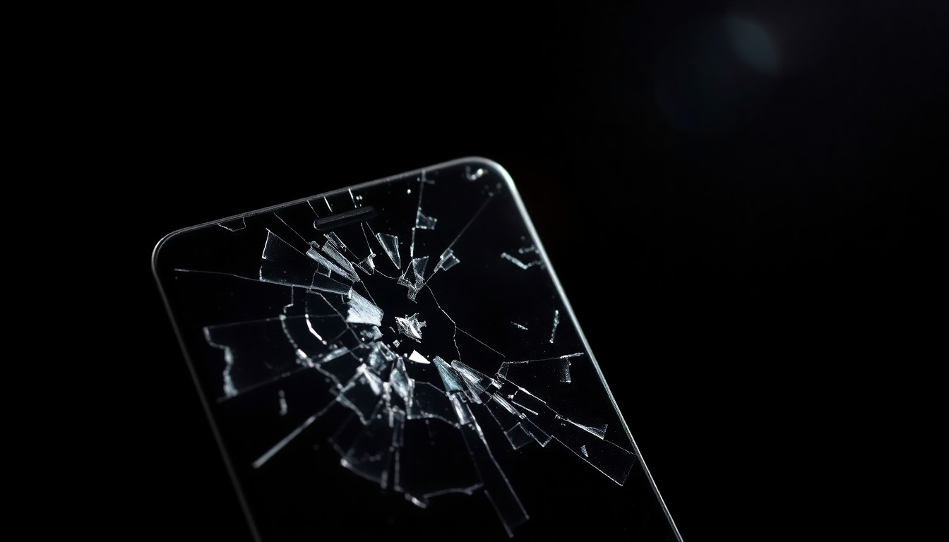 An extreme close-up of a shattered and damaged cellphone screen, lit by a harsh, direct camera flash against a pitch-black background, conceptually representing the violence and disruption of the alleged assault.