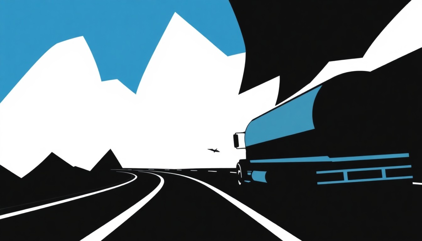 An abstract illustration composed of sharp, angular shapes in dark blue, grey, and black, conveying the collision of a vehicle and a tanker truck on a winding road, without depicting any specific people, places, or objects.
