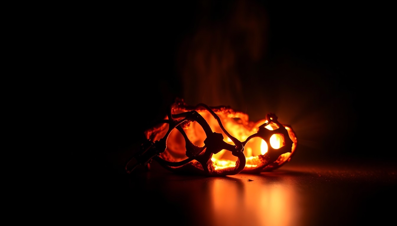 An extreme close-up photograph of a twisted, blackened metal object against a pitch-black background, lit by a harsh camera flash to create a gritty, investigative aesthetic without depicting any literal violence.