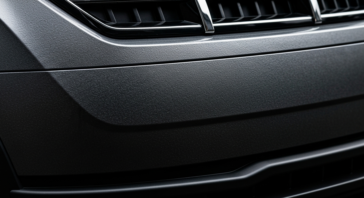 An extreme close-up of the pebbled leather and woven mesh textures on the exterior of a new Volkswagen Atlas SUV, conveying the vehicle's rugged design and materials.