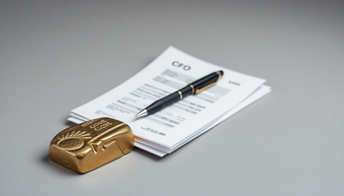 A minimalist studio still life photograph featuring a polished metal ingot, a stack of financial documents, and a pen on a clean grey background, symbolizing the financial management responsibilities of a mining company's CFO.